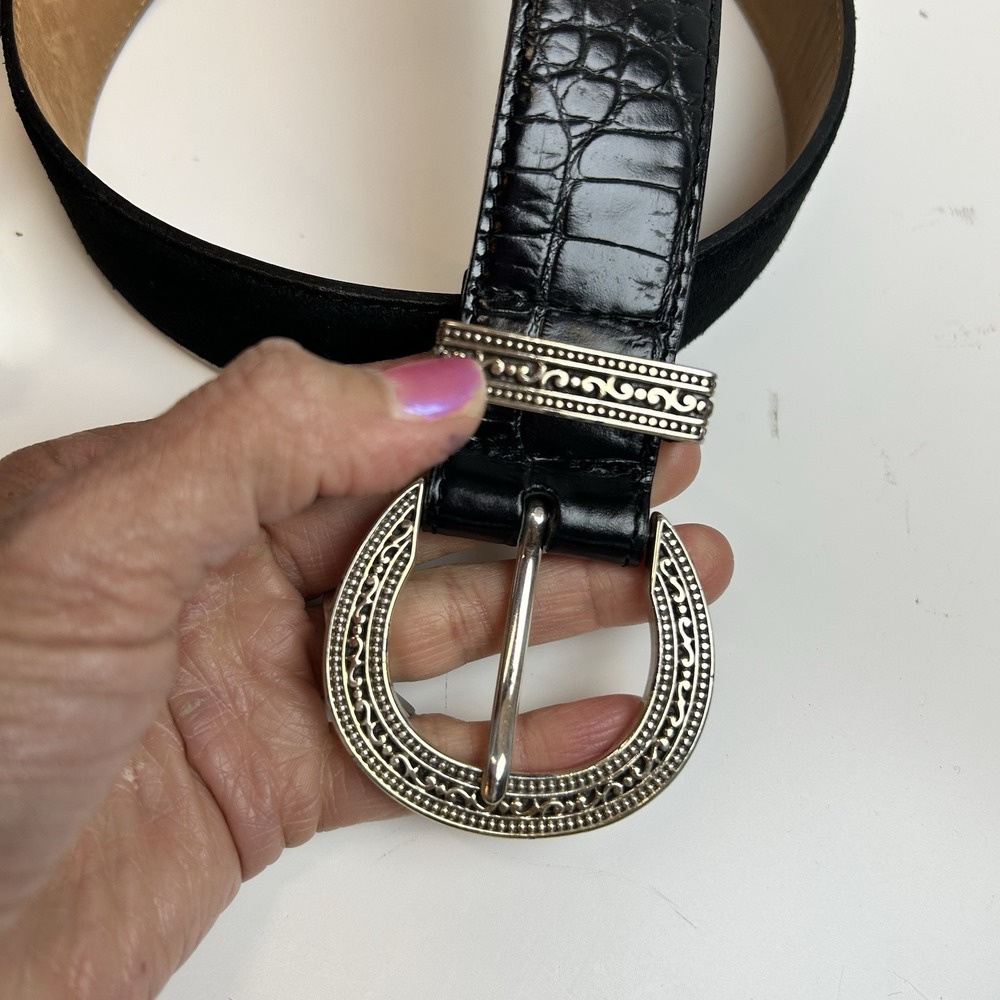BRIGHTON Classic Reptile Leather Belt Black Silver Size ML‎ 32 VIntage Western